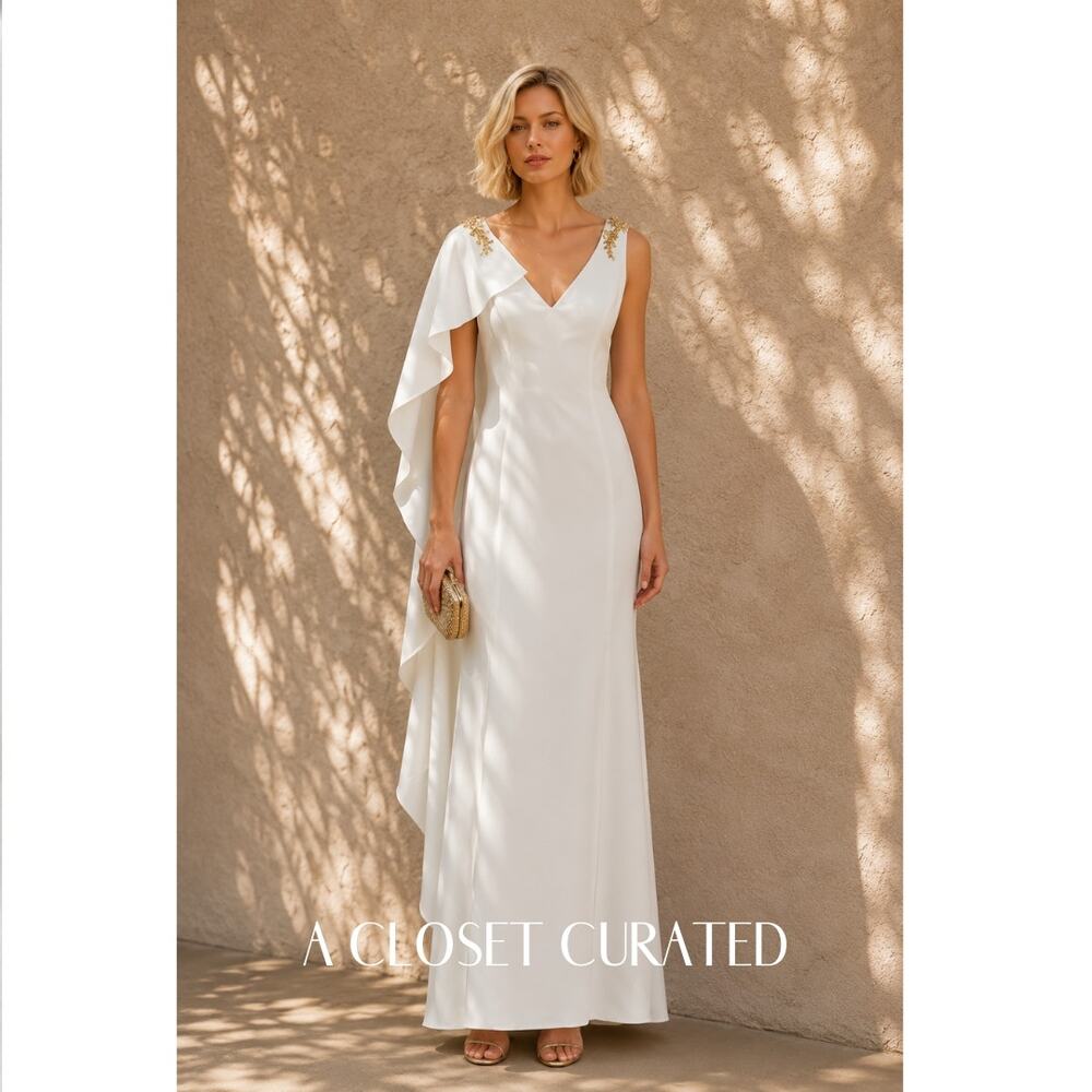 Marchesa Notte Asymmetrical Cape Gown Maxi Dress 0 White NWT